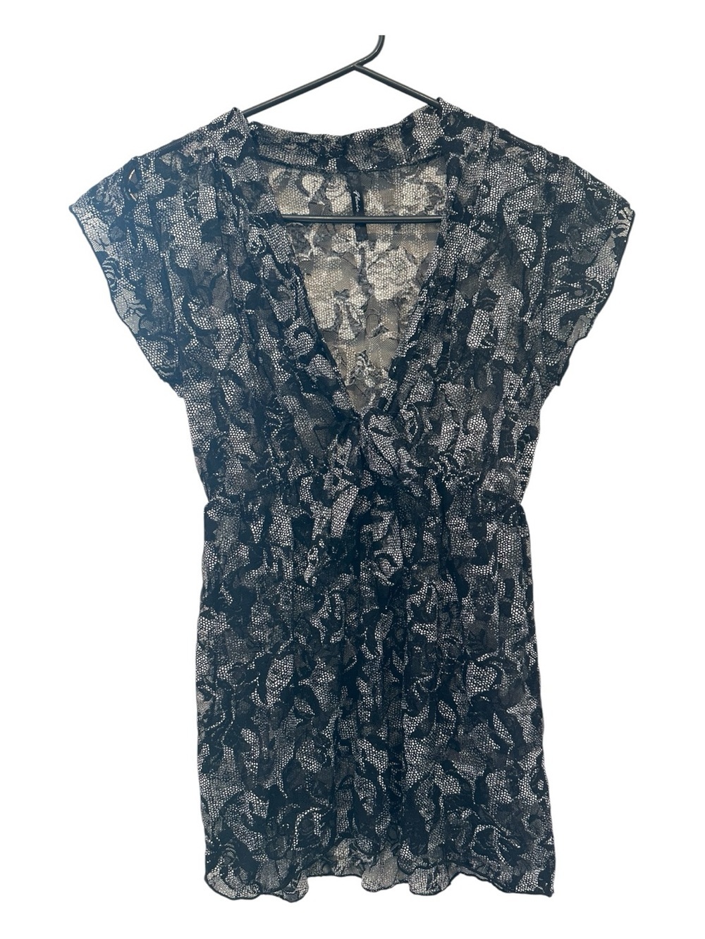 Vintage Y2K Flair Black & Grey Sheer V-Neck Tie Front Short Sleeve Blouse Large